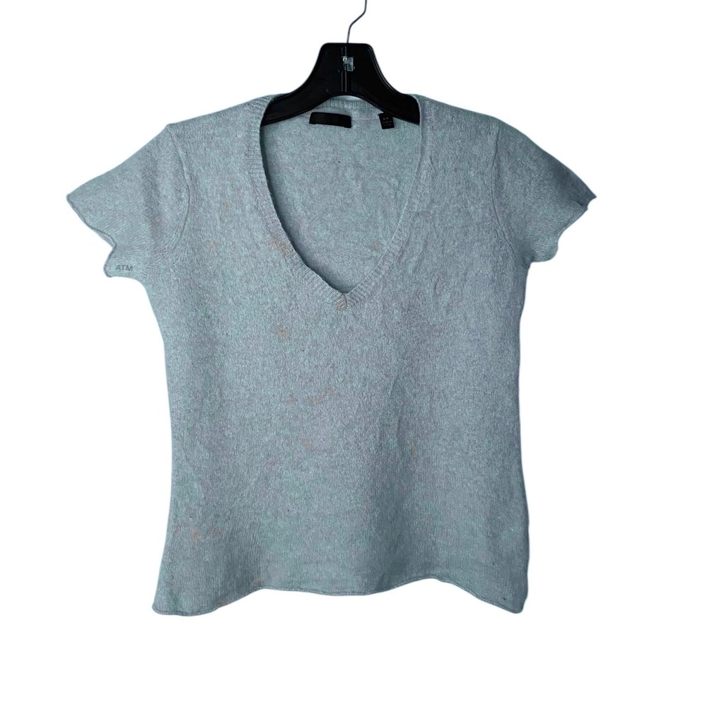 ATM Anthony Thomas Melillo Women Cashmere Short Sleeve V-Neck Sweater Tee Blue S